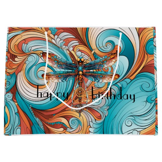 Whimsischer Steampunk-Dragonfly in Blau und Orange Große Geschenktüte (Vorderseite)