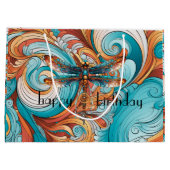 Whimsischer Steampunk-Dragonfly in Blau und Orange Große Geschenktüte (Rückseite)