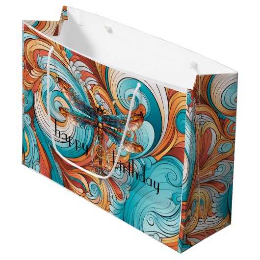 Whimsischer Steampunk-Dragonfly in Blau und Orange Große Geschenktüte (Vorderseite Schrägansicht)