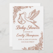 Whimsischer Storch & florale Rustikal Einladung (Vorne/Hinten)