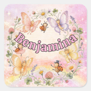 Whimsischer süßer Marienkäfer-Blumen-Schmetterling Quadratischer Aufkleber