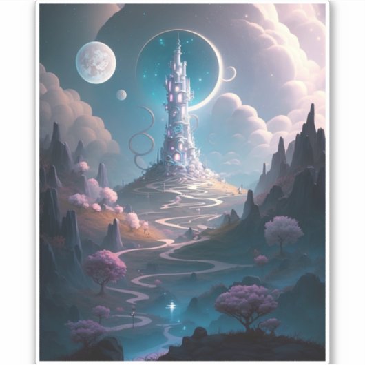 Whimsischer Turm Landschaft Fantasy Art Aufkleber (Vorderseite)