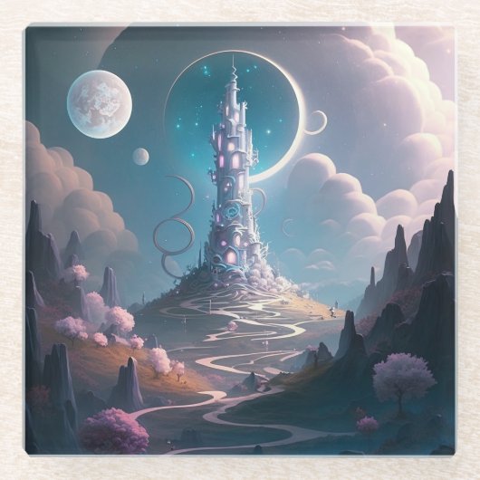 Whimsischer Turm Landschaft Fantasy Art Glasuntersetzer (Vorderseite)