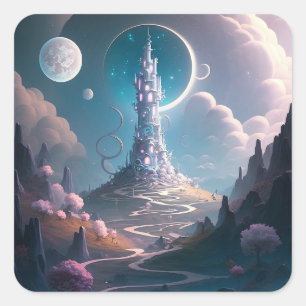 Whimsischer Turm Landschaft Fantasy Art Quadratischer Aufkleber