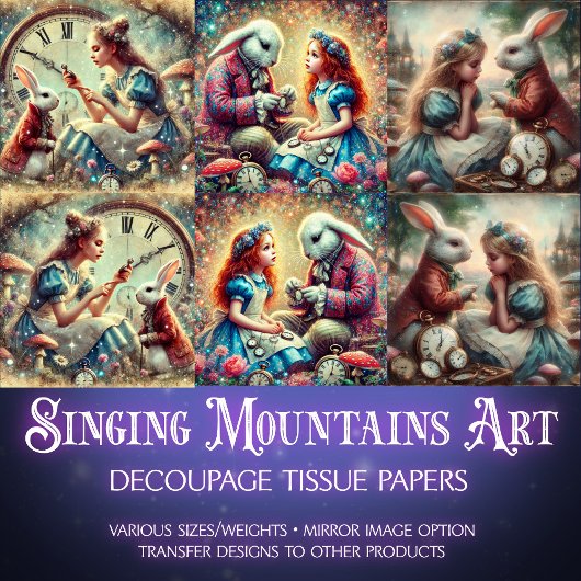 Whimsischer Uhrenwald Alice Wonderland Dekoupage Seidenpapier