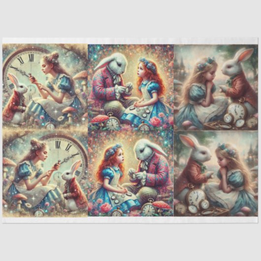 Whimsischer Uhrenwald Alice Wonderland Dekoupage Seidenpapier (Vorderseite)
