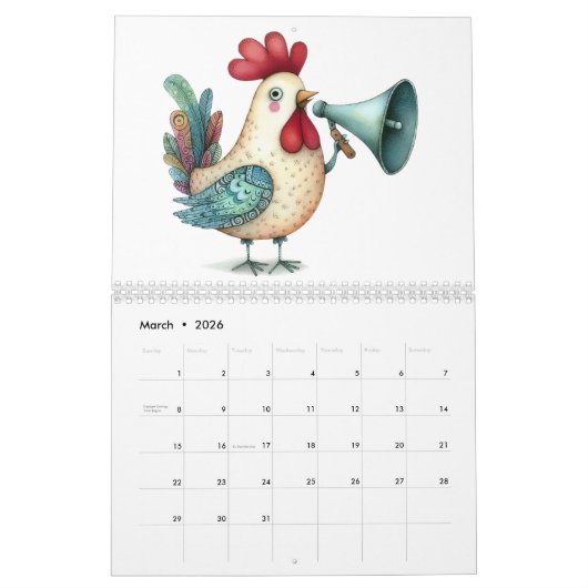 Whimsischer Volkskunst - Kalender der Hühner und R (Mär 2026)