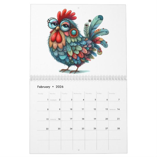 Whimsischer Volkskunst - Kalender der Hühner und R (Feb 2026)
