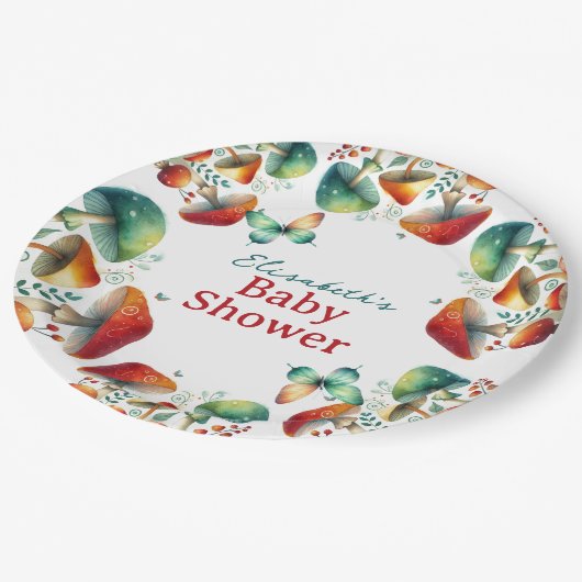 Whimsischer Wald Mushroom Baby Dusche Papier Telle Pappteller (Schrägansicht)