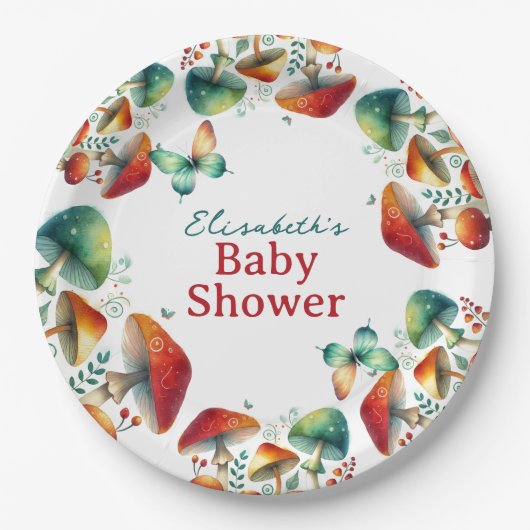 Whimsischer Wald Mushroom Baby Dusche Papier Telle Pappteller (Vorderseite)