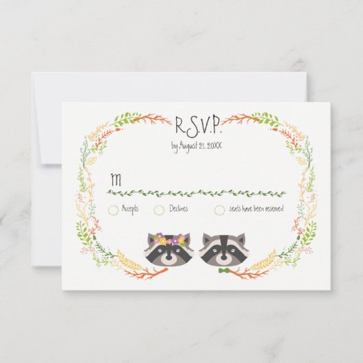 Whimsischer Wald Raccoons Rustic Wedding RSVP Karte (Vorderseite)