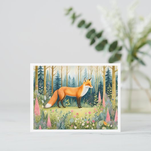 Whimsischer Wasserfarbenfox im Wald Postkarte (Stehend Vorderseite)