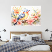 Whimsischer Wasserfarbenfroher Vogel Kunst Leinwanddruck (Insitu (Schlafzimmer))