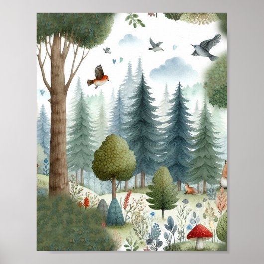 Whimsischer Wasserfarbenwald Tierkids-Kinderzimmer Poster (Vorne)