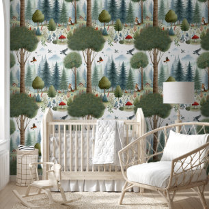 Whimsischer Wasserfarbenwald Tierkids-Kinderzimmer Tapete