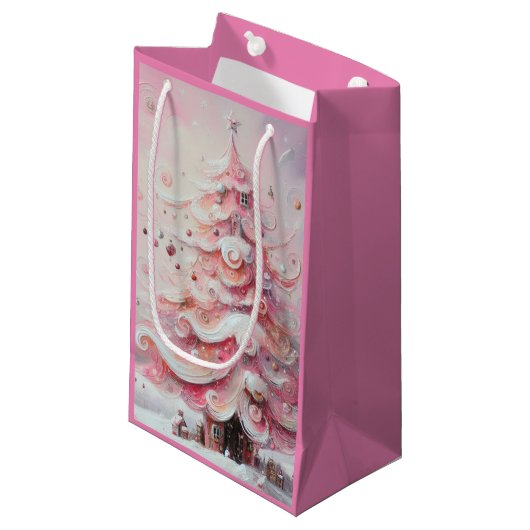 Whimsischer Weihnachtsbaum Pink Weiße Wirbel Kleine Geschenktüte (Vorderseite Schrägansicht)