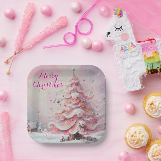 Whimsischer Weihnachtsbaum Rosa Weiße Wirbel Schne Pappteller (Party)