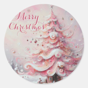 Whimsischer Weihnachtsbaum Rosa Weiße Wirbel Schne Runder Aufkleber