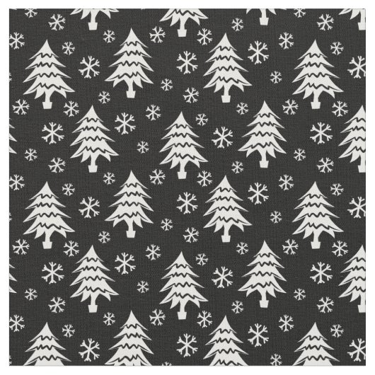Whimsischer Weihnachtsbaum Schneeflocken Weiß Schw Stoff (Nahaufnahme)