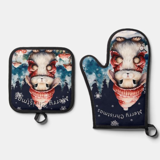 Whimsischer Weihnachtsbunny Ofenhandschuh & Topflappen-Set (Vorderseite)