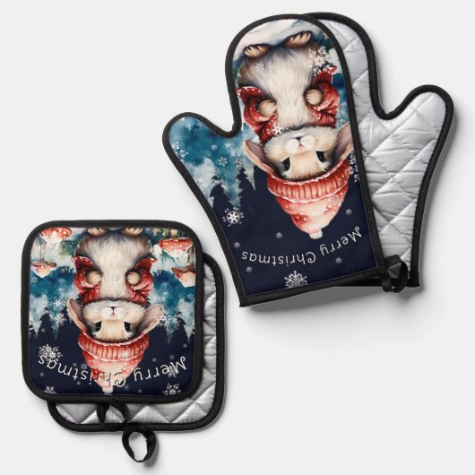 Whimsischer Weihnachtsbunny Ofenhandschuh & Topflappen-Set (Vorderseite/Rückseite)