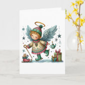 Whimsischer Weihnachtsengel auf Eiswürfel-Skaten Karte (Gelbe Blume)