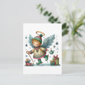 Whimsischer Weihnachtsengel auf Eiswürfel-Skaten Postkarte (Stehend Vorderseite)