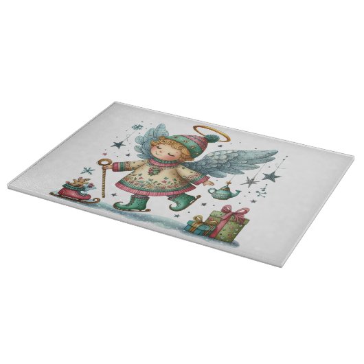 Whimsischer Weihnachtsengel auf Eiswürfel-Skaten Schneidebrett (Ecke)