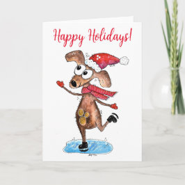 Whimsischer Weihnachtshund auf Eis-Skaten Karte