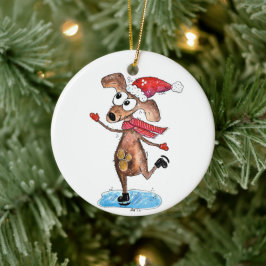 Whimsischer Weihnachtshund auf Eis-Skaten Keramik Ornament