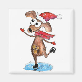 Whimsischer Weihnachtshund auf Eis-Skaten Magnet