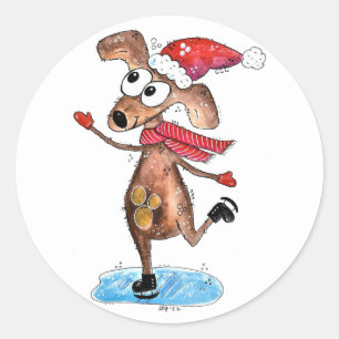 Whimsischer Weihnachtshund auf Eis-Skaten Runder Aufkleber