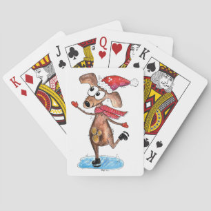 Whimsischer Weihnachtshund auf Eis-Skaten Spielkarten