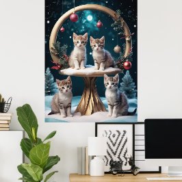 Whimsischer Weihnachtskittens auf Gold Stand Poster