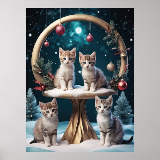 Whimsischer Weihnachtskittens auf Gold Stand Poster (Vorne)