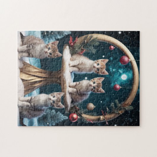 Whimsischer Weihnachtskittens auf Gold Stand Puzzle (Horizontal)