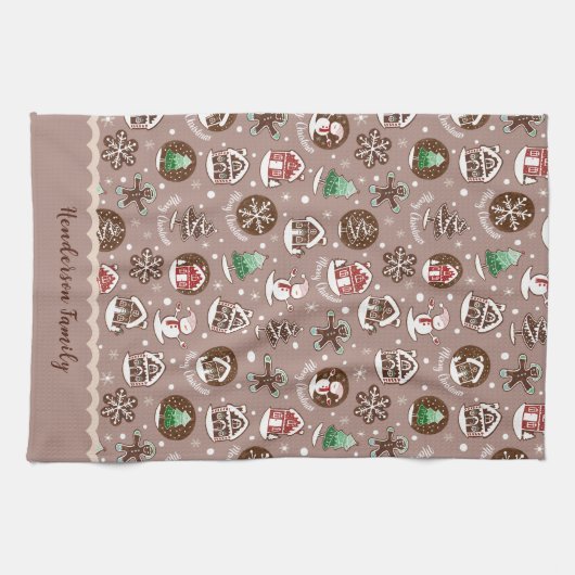 Whimsischer Weihnachtskochtmuster Winterfamilie Geschirrtuch (Horizontal)