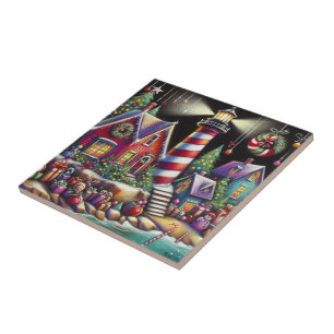 Whimsischer WeihnachtsLeuchtturm Rotes Rosa Lila Fliese