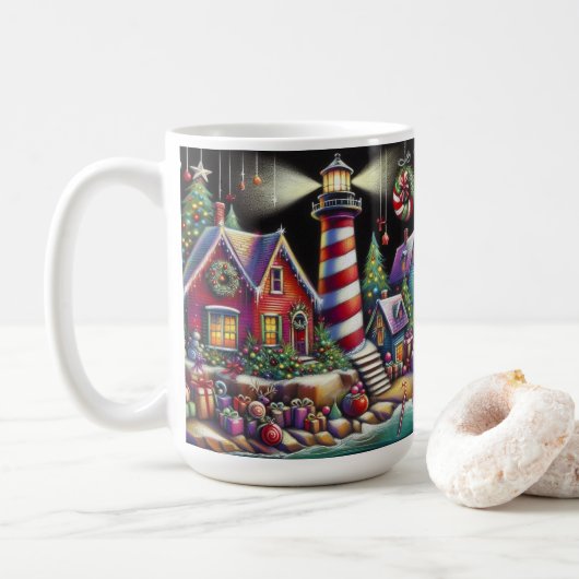 Whimsischer WeihnachtsLeuchtturm Rotes Rosa Lila Kaffeetasse (Mit Donut)