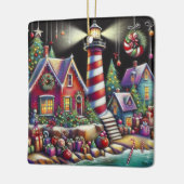 Whimsischer WeihnachtsLeuchtturm Rotes Rosa Lila Keramikornament (Links)