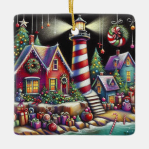 Whimsischer WeihnachtsLeuchtturm Rotes Rosa Lila Keramikornament