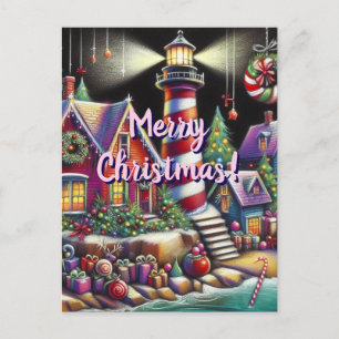 Whimsischer WeihnachtsLeuchtturm Rotes Rosa Lila Postkarte