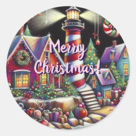 Whimsischer WeihnachtsLeuchtturm Rotes Rosa Lila Runder Aufkleber