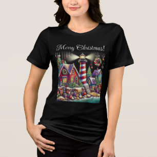 Whimsischer WeihnachtsLeuchtturm Rotes Rosa Lila Tri-Blend Shirt