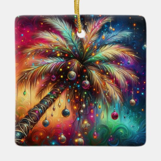 Whimsischer Weihnachtspalme Tree Tropical Beach Vi Keramikornament (Vorderseite)