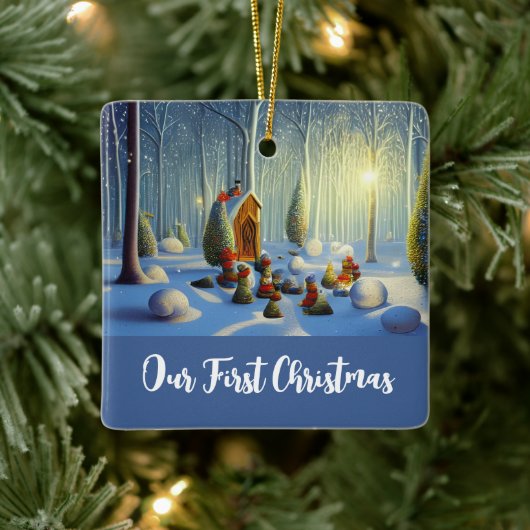 Whimsischer Weihnachtswald Szene Personalisiert Keramikornament (Baum)