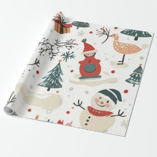 Whimsischer weißer handgezeichneter Schneemann Geschenkpapier