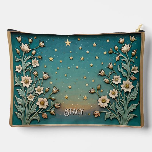 Whimsischer Wildblume Abend Aquamarin Prism Grosse Zubehörtasche (Rückseite)