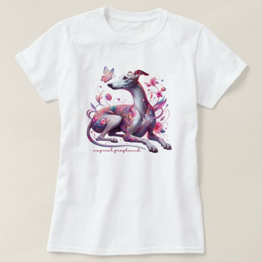 Whimsischer Windhund mit Blume und Schmetterling T-Shirt (Design vorne)