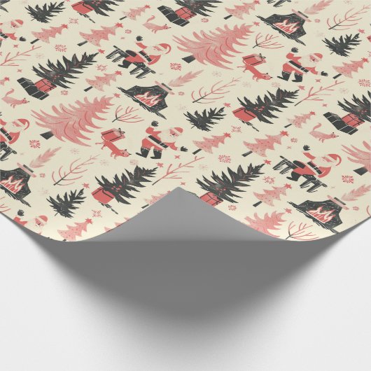 Whimsischer Winter Szene: Santa, Kamin, Creme Geschenkpapier (Ecke)